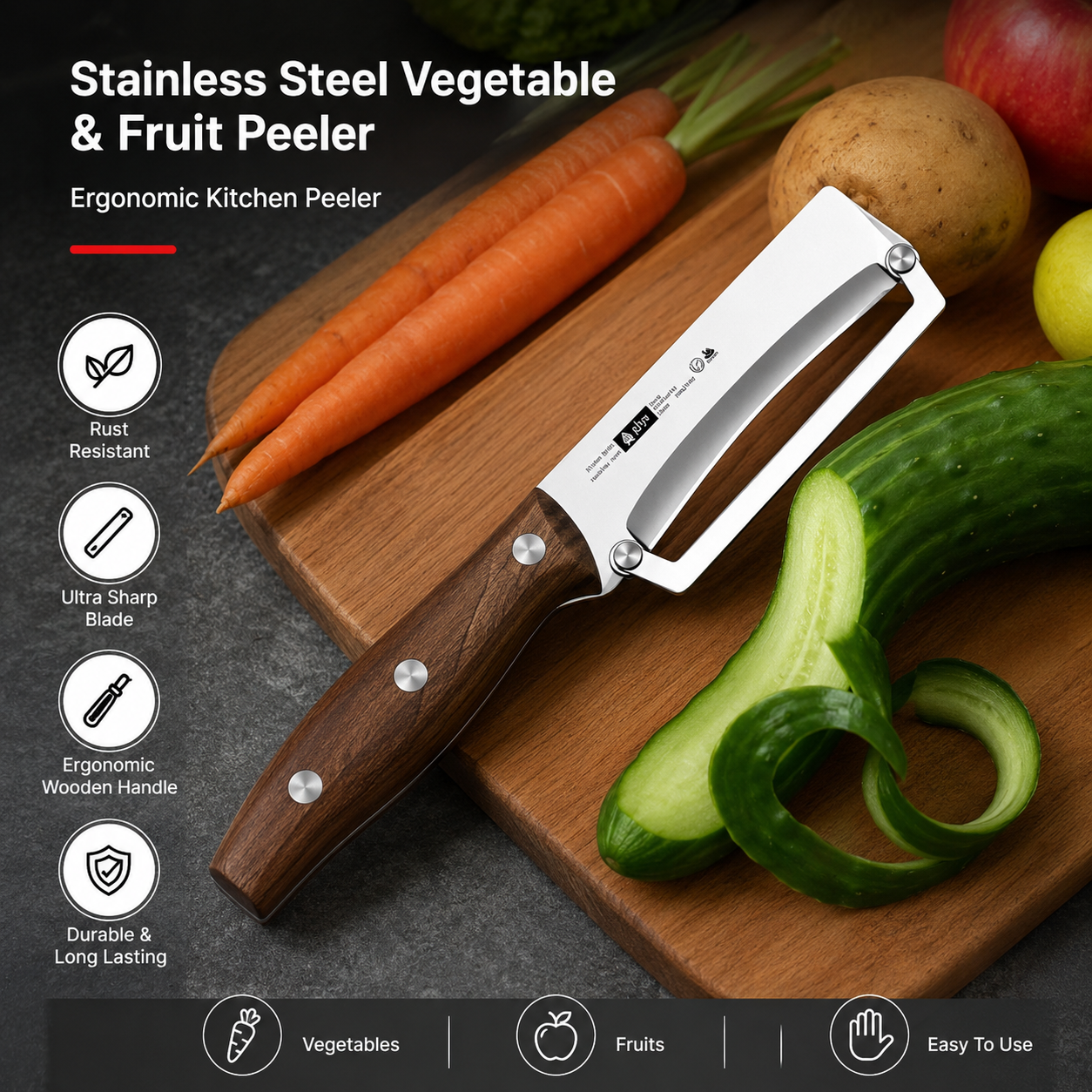 Stainless Steel Vegetable & Fruit Peeler with Wooden Handle – Ergonomic Kitchen Peeler